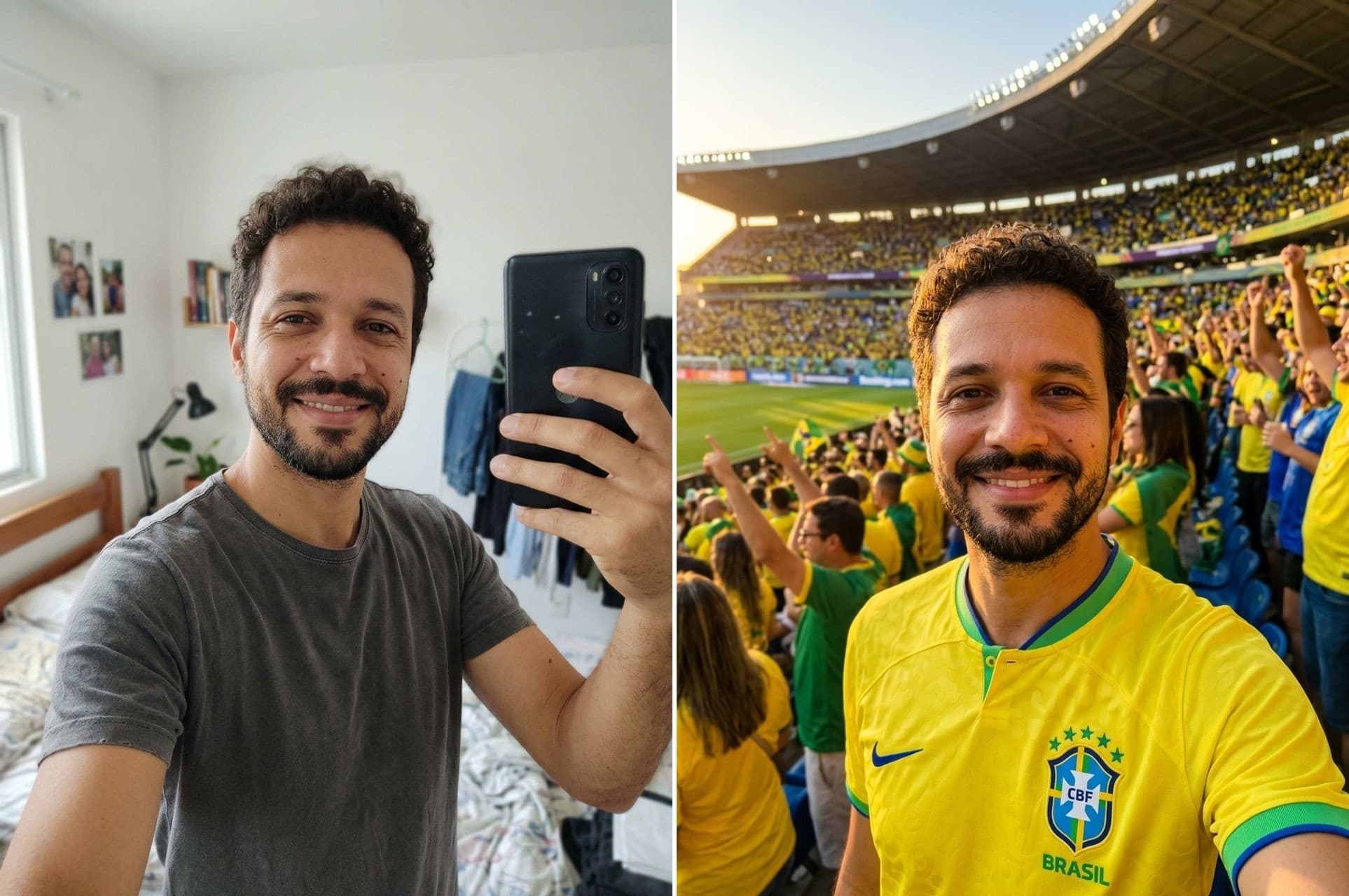 Antes e depois — torcedor no estádio